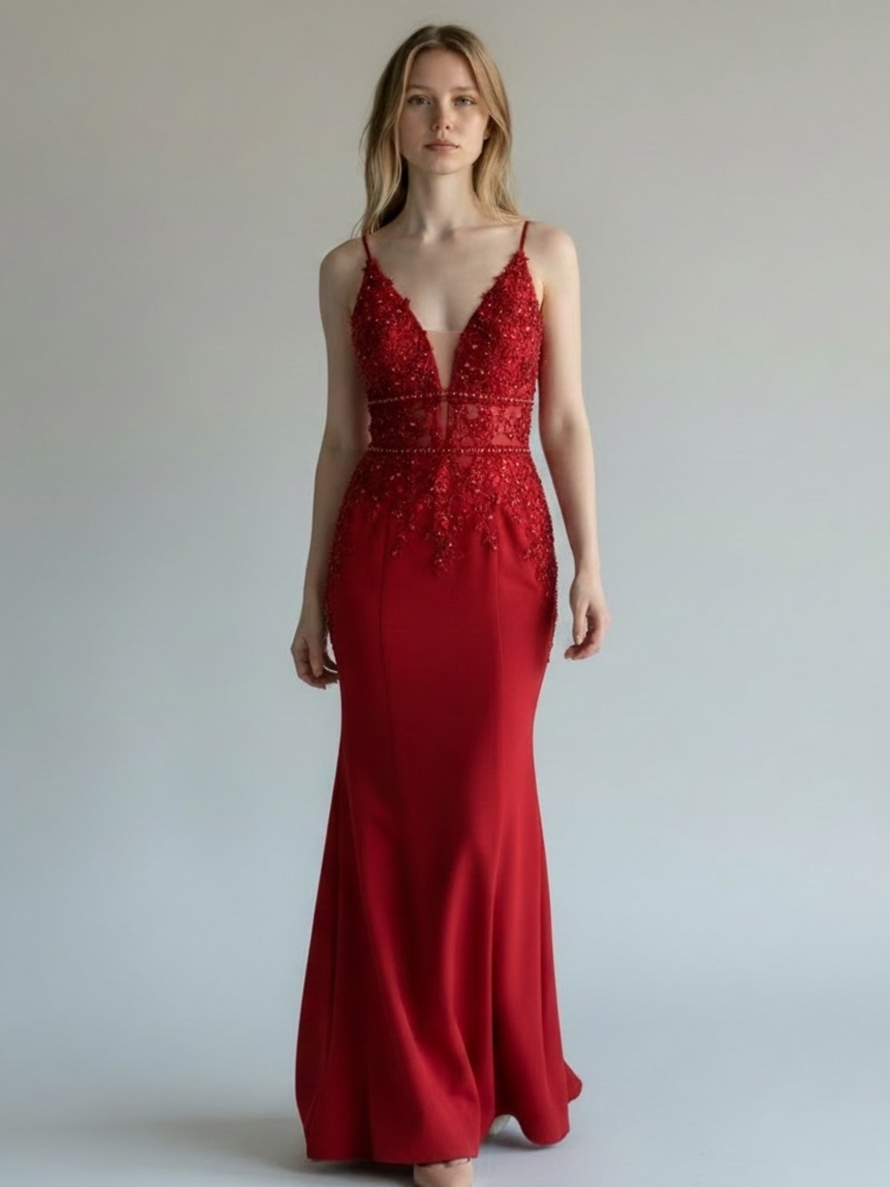 JJ’S HOUSE Burgundy Red V-Neck Evening Gown Dress Lace Crystals Train 4 Dance